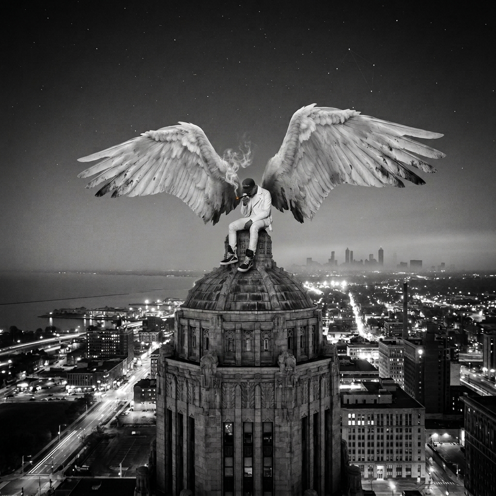 6 TO THE WORLD — a winged figure seated on a domed rooftop above a city at night