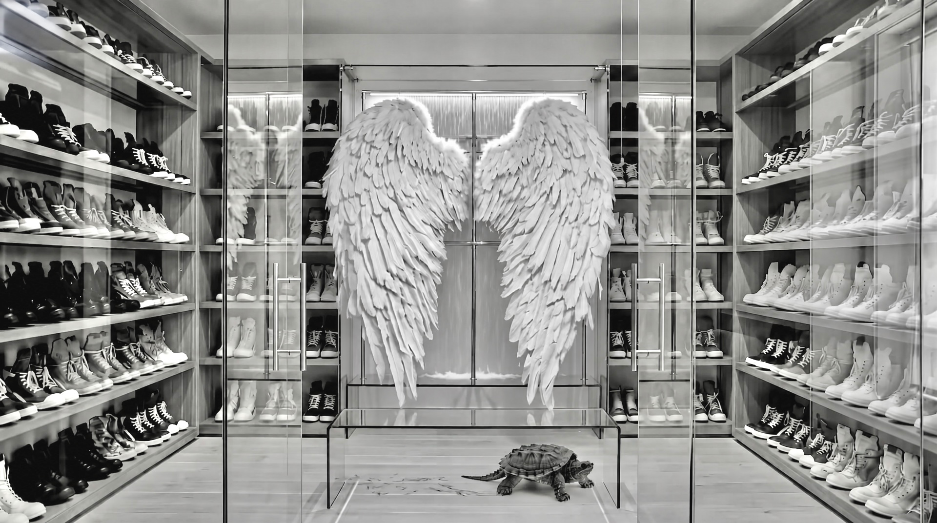 A mirrored dressing room lined with shoes, a pair of white feathered wings suspended at the centre, and a snapping turtle crossing the pale floor.